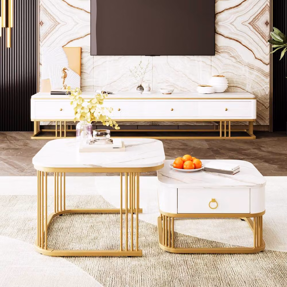 ModernLuxe Nestable Coffee Table Set of 2 with Drawer in White and Gold – 4