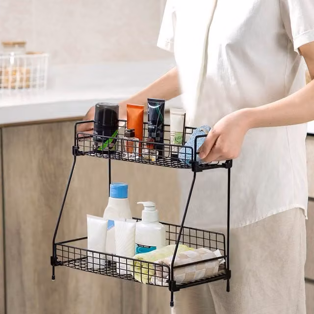 Livingandhome 2-Tier Metal Countertop Organizer Rack, Black, Width: 31.5 cm