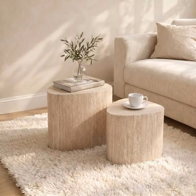 OHS Set of 2 Irregular Travertine Effect Stone Side Coffee Tables in Beige