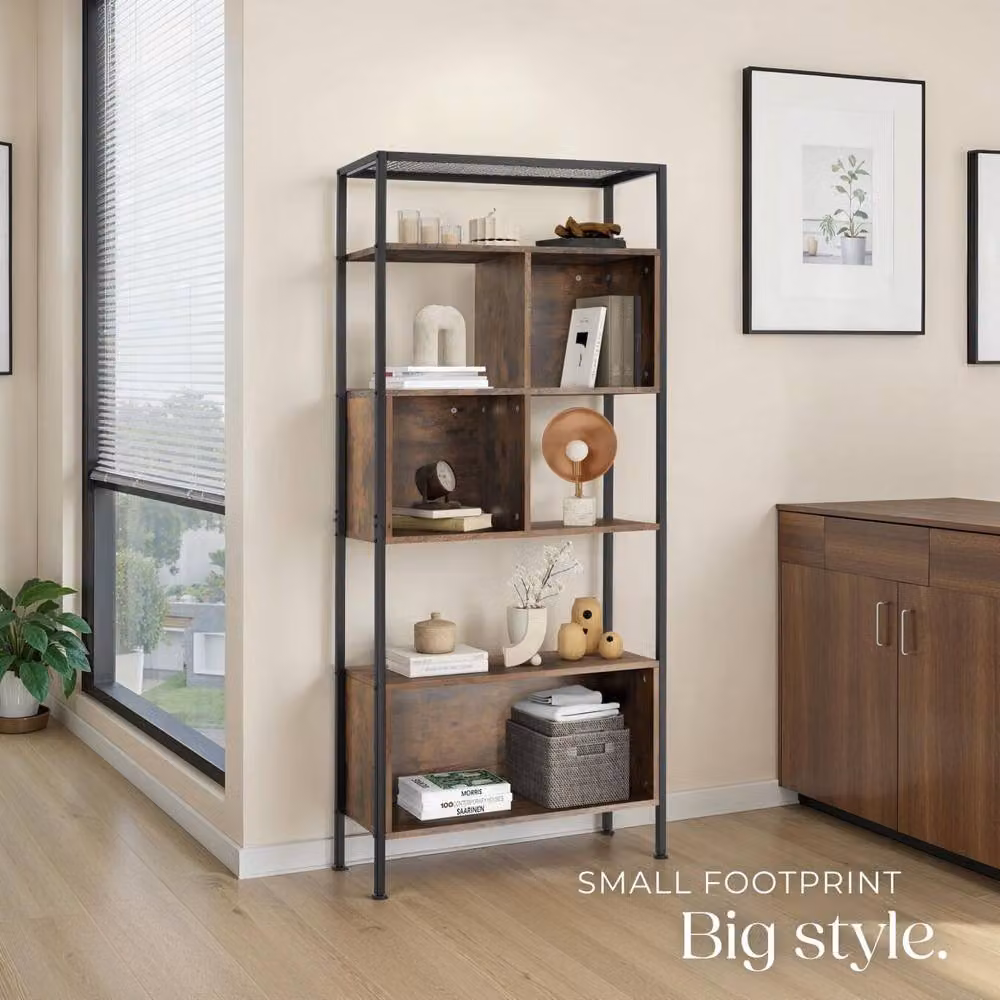tectake Hastings Free Standing Shelf with 5 Tiers and 3 Storage Compartments in Brown – 8
