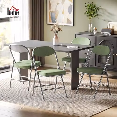 HOMCOM Set of 4 Stackable Folding Chairs with Fabric Padded Seats and Metal Frame in Green – 2