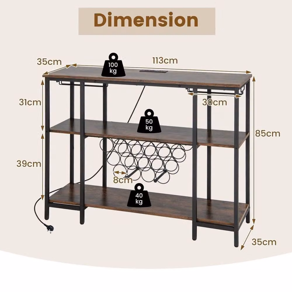 EONLION 3-tier Brown Industrial Wine Bar Cabinet with Glass Storage, Width: 100 cm – 2