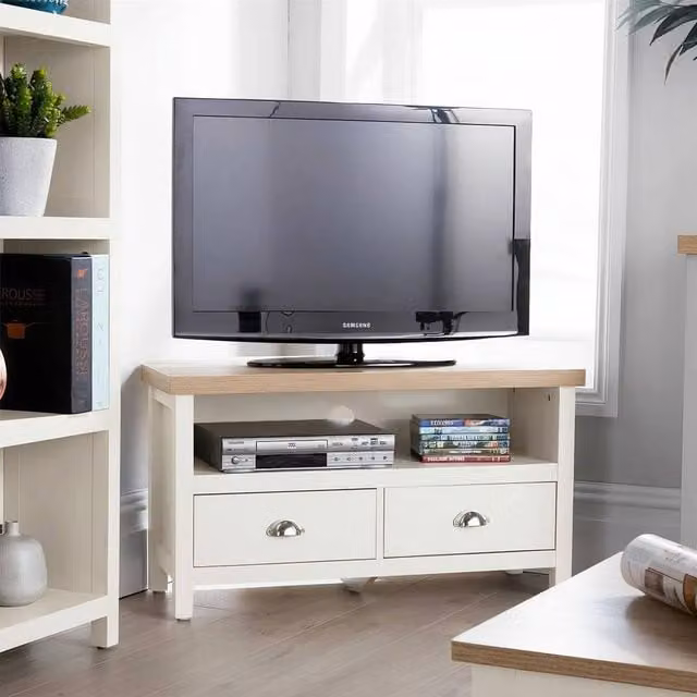 Home Source 2 Drawer TV Stand with Open Shelving and 36mm Top in White – 1
