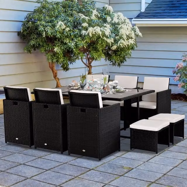 Outsunny 11 Piece Black Rattan and Metal Garden Dining Furniture Set with Glass Top