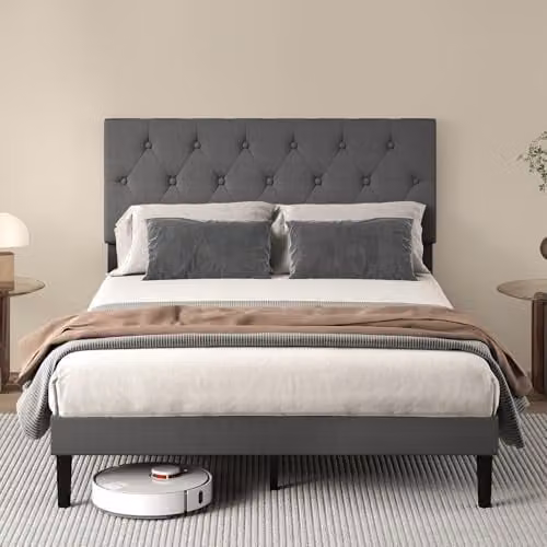 Levede Upholstered Small Double Bed Frame in Grey Fabric with Geometric Headboard, W/D/H: 120 x 190 cm – 1