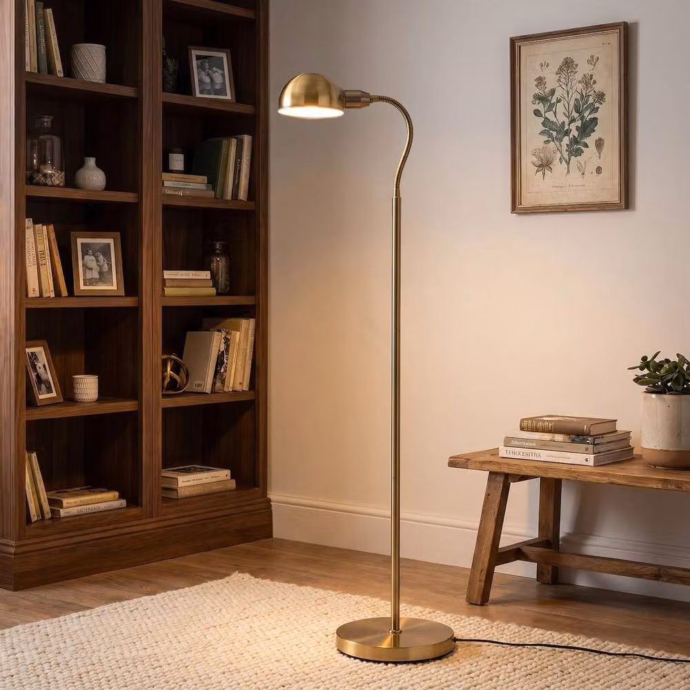 Happy Homewares Antique Brass Task Reading Floor Lamp with Adjustable Dome Head in Gold/Brass – 2