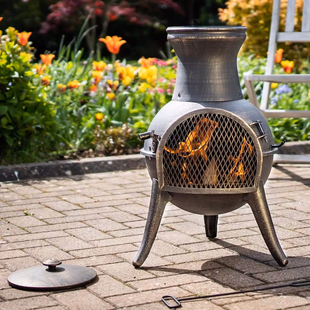mysmartbuy El Clasico Chiminea Bronze Effect Metal Outdoor Garden Fire Pit Bowl with Mesh Door and Fuel Grate, H 69 cm x Diameter 38 cm – 2