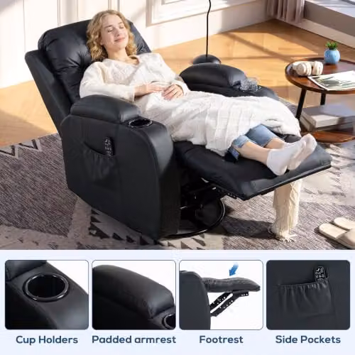 HOMCOM Black Faux Leather Recliner Armchair with Massage, Heat and Cup Holders – 7