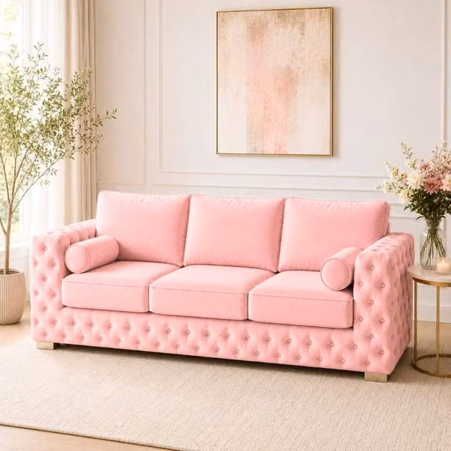 Stratus Interiors Ashley Luxury Chesterfield 3 Seater Fabric Upholstered Full Back Sofa in Light Pink, W: 203.2 cm, H: 76.0 cm, D: 67.0 cm