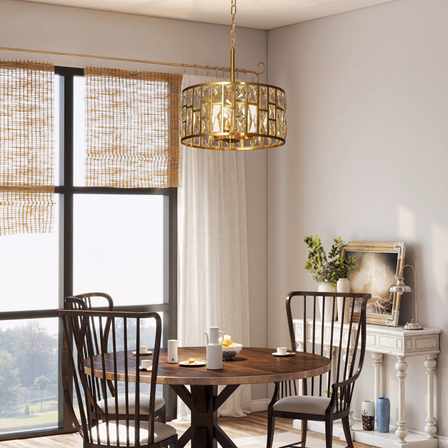 HOMCOM Gold-Tone Glass and Metal Rectangular Crystallite Chandelier, Height Adjustable – 5