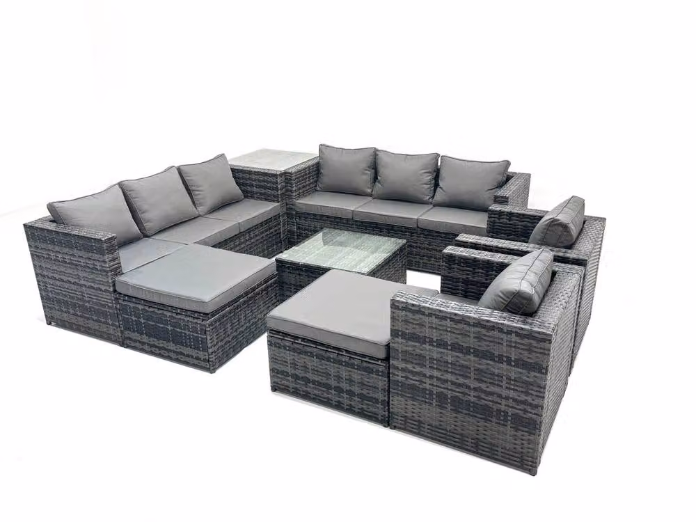 Fimous 10 Seater Patio Lounge Sofa Set with Side Table and 2 Big Footstools in Dark Grey – 2