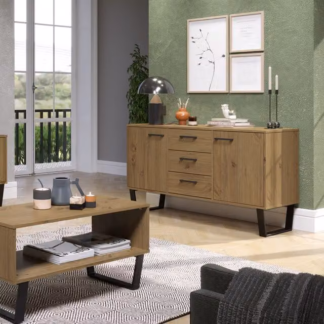 Core Products Ltd Texas Medium Industrial Sideboard in Brown Waxed Pine with 2 Doors and 3 Drawers – 1