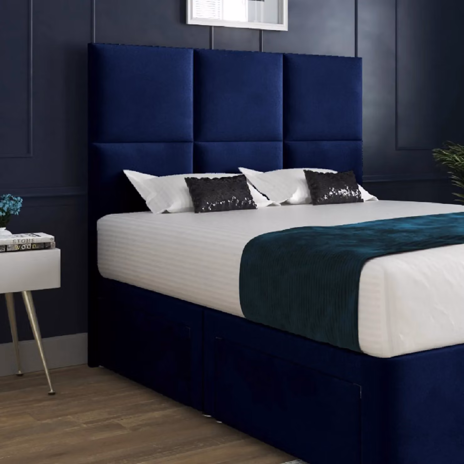 Casani Caprio Small Single Upholstered Velvet Divan Bed Frame with Floorstanding Headboard in Blue – 2