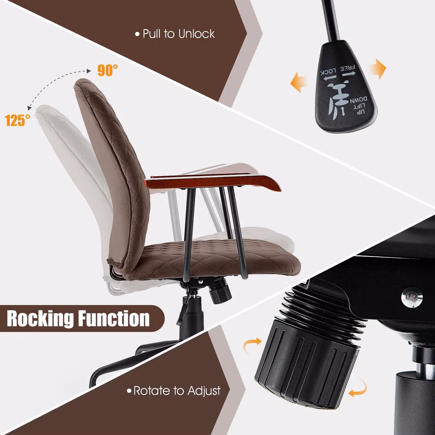 Costway Brown Velvet Swivel Rocking Leisure Chair with Adjustable Weight and Armrests for Home Office – 6