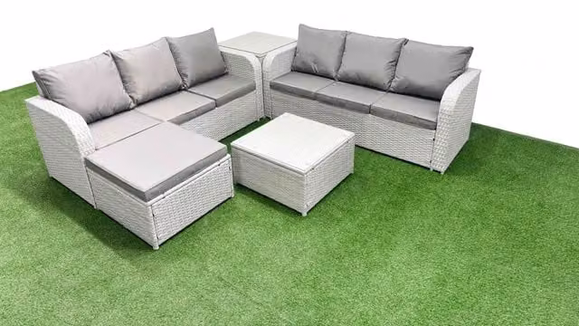 Fimous 7 Seater Grey Wicker Rattan Garden Furniture Set with High Back Lounge Sofa, Square Coffee Table, Footstool and Side Table