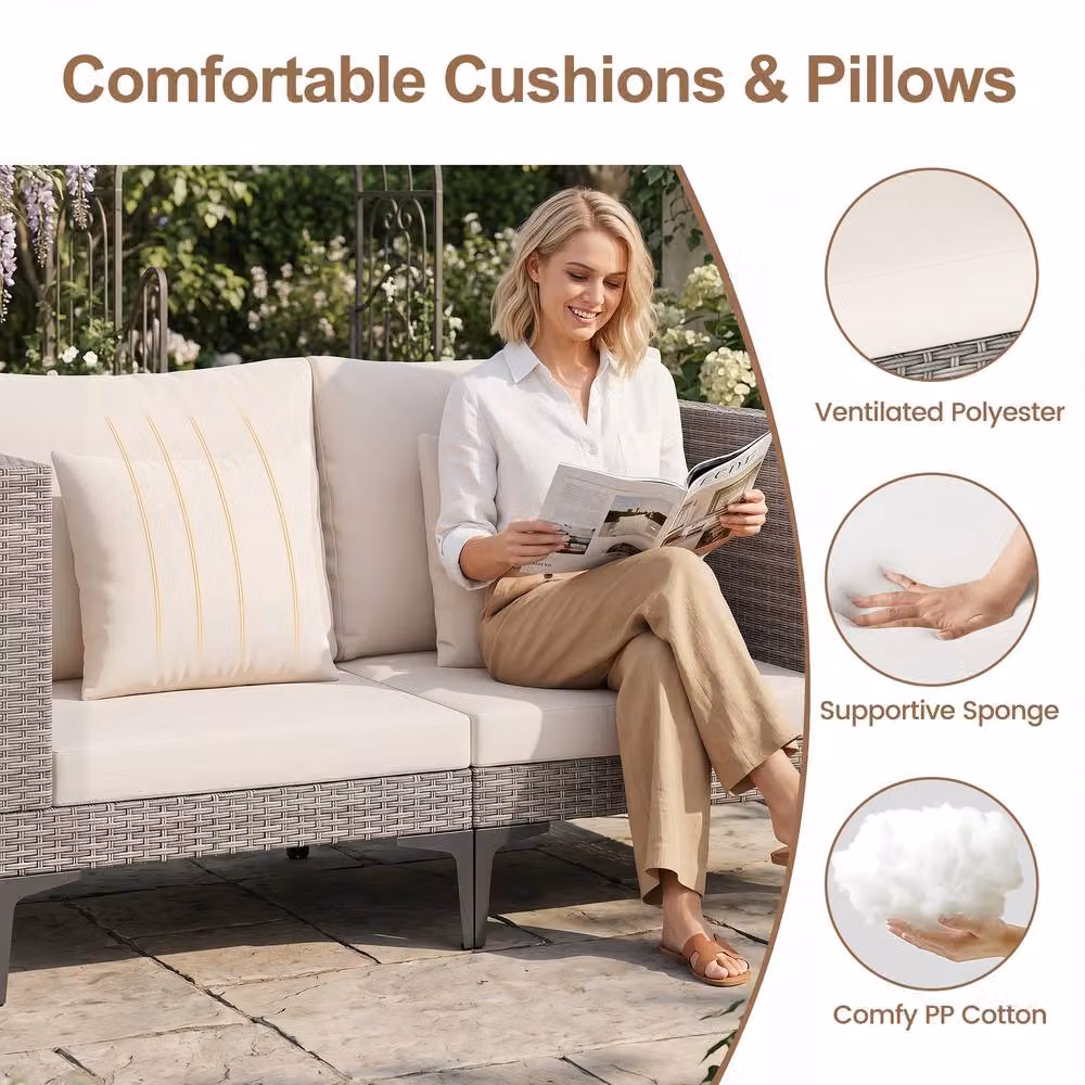 Costway 5-Piece Grey Polyrattan Patio Conversation Set with Upholstered Cushions and Side Table – 8
