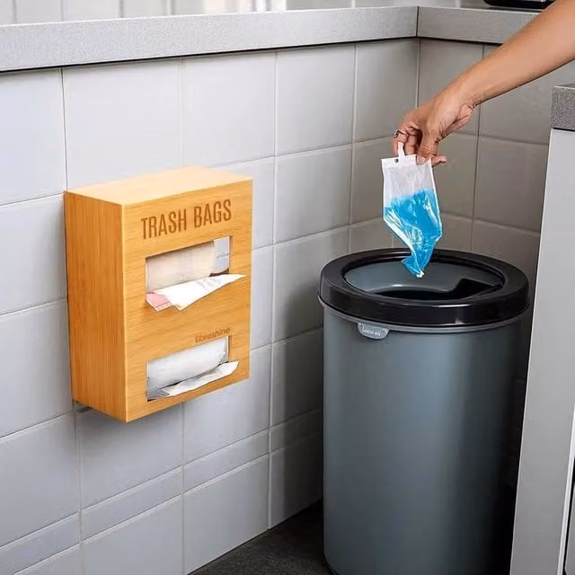 KORVIXA 2-in-1 Bamboo Wood Trash Bag Holder in Brown, Width: 50 cm