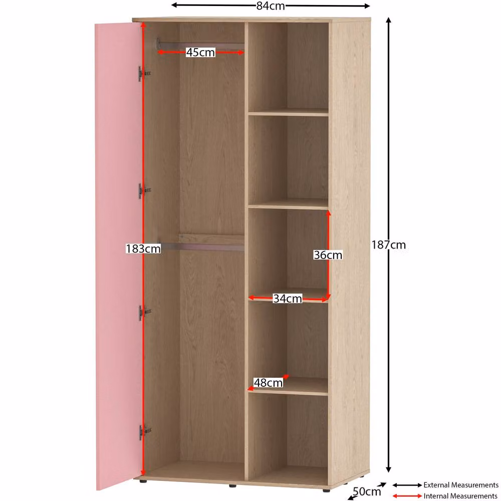 HD Designs Neptune 1 Door Pink Wardrobe with Internal Shelves and Hanging Rod for Childrens Bedrooms – 2