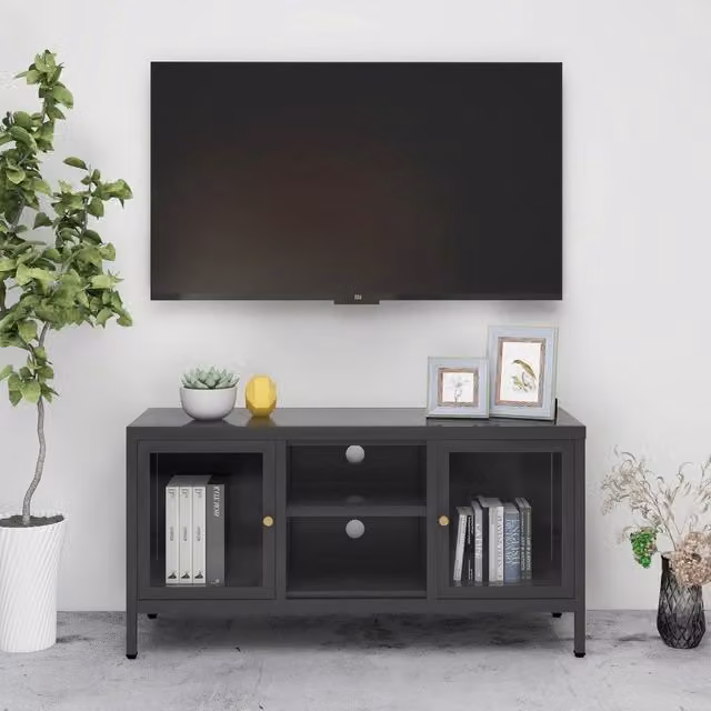 Berkfield Home Anthracite TV Cabinet with Glass Doors and Metal Frame, W/D/H: 105 x 35 x 52 cm – 1