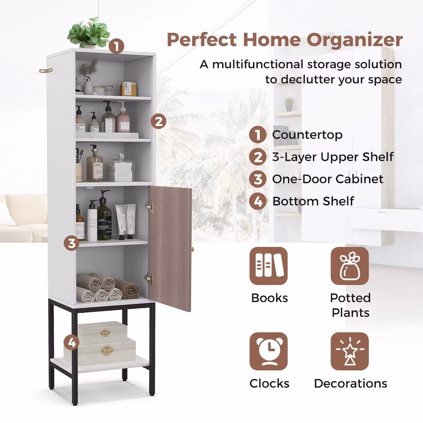 Gymax Tall Freestanding Slim Storage Cabinet in White with Hinged Doors and Open Shelf, H 146 x W 30 x D 38 cm – 4