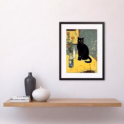 Artery8 Black Cat on Yellow Table Floral Oil Painting Style Framed Wall Art Print – 2