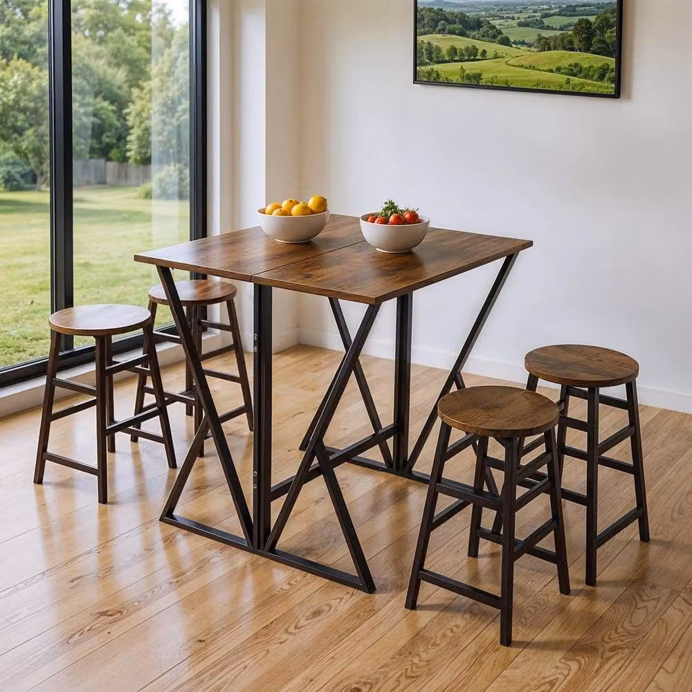KORVIXA Brown Wood Drop Leaf Kitchen Table and 4 Stools Set, W/D/H: 100 x 100 x 75 cm – 3