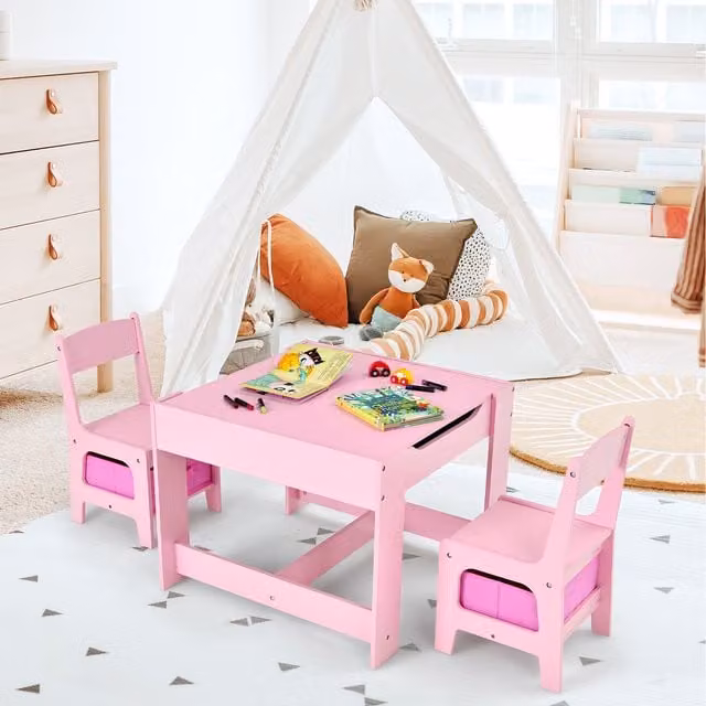 Costway Pink Kids Table and Chair Set with Square Wooden Table and Plastic Chairs