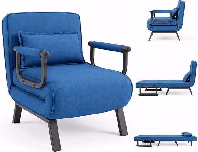 Costway 3 in 1 Convertible Sleeper Chair in Blue with Armrests and Metal Frame