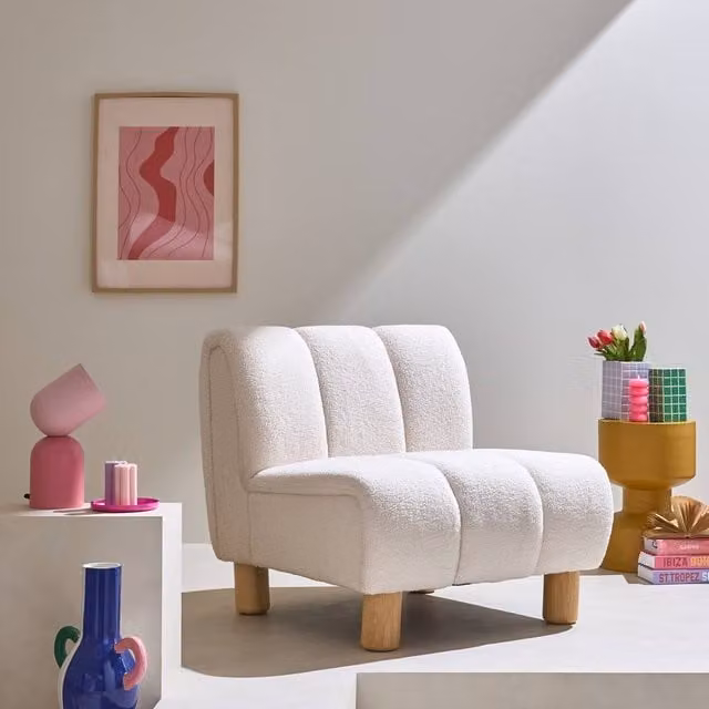 sweeek Wooden Armchair with Rounded Legs in Cream Boucle Fabric