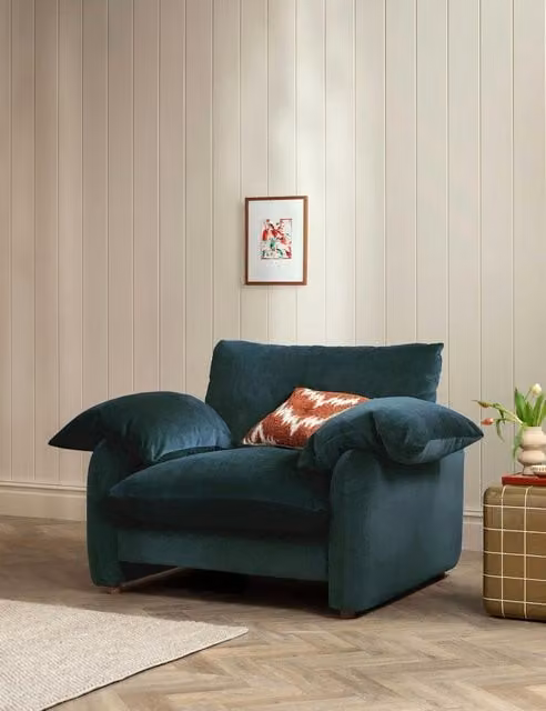 Barker and Stonehouse Orson Petrol Blue Chenille Snuggle Chair with Feather Filling and Armrests