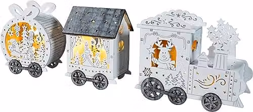 Xmas Haus Festive Light Up LED Wood Christmas Train in White and Brown, W/D/H: 45.5 x 12.8 x 45.5 cm