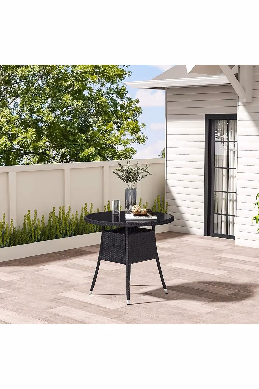 Living and Home 4 Seater Garden Dining Table in Black Wicker with Tempered Glass and Parasol Hole, W/D/H: 72.5 x 80.0 cm – 1