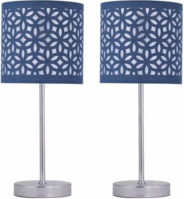 First Choice Lighting Set of 2 Chrome Stick Table Lamps with Navy Blue Fabric Shades