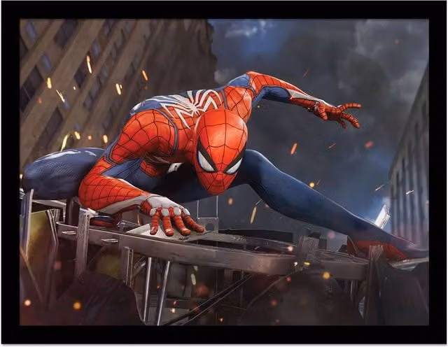 Spider-Man Stands On Ruins Framed Graphic Paper Poster in Light Grey and Red – 1