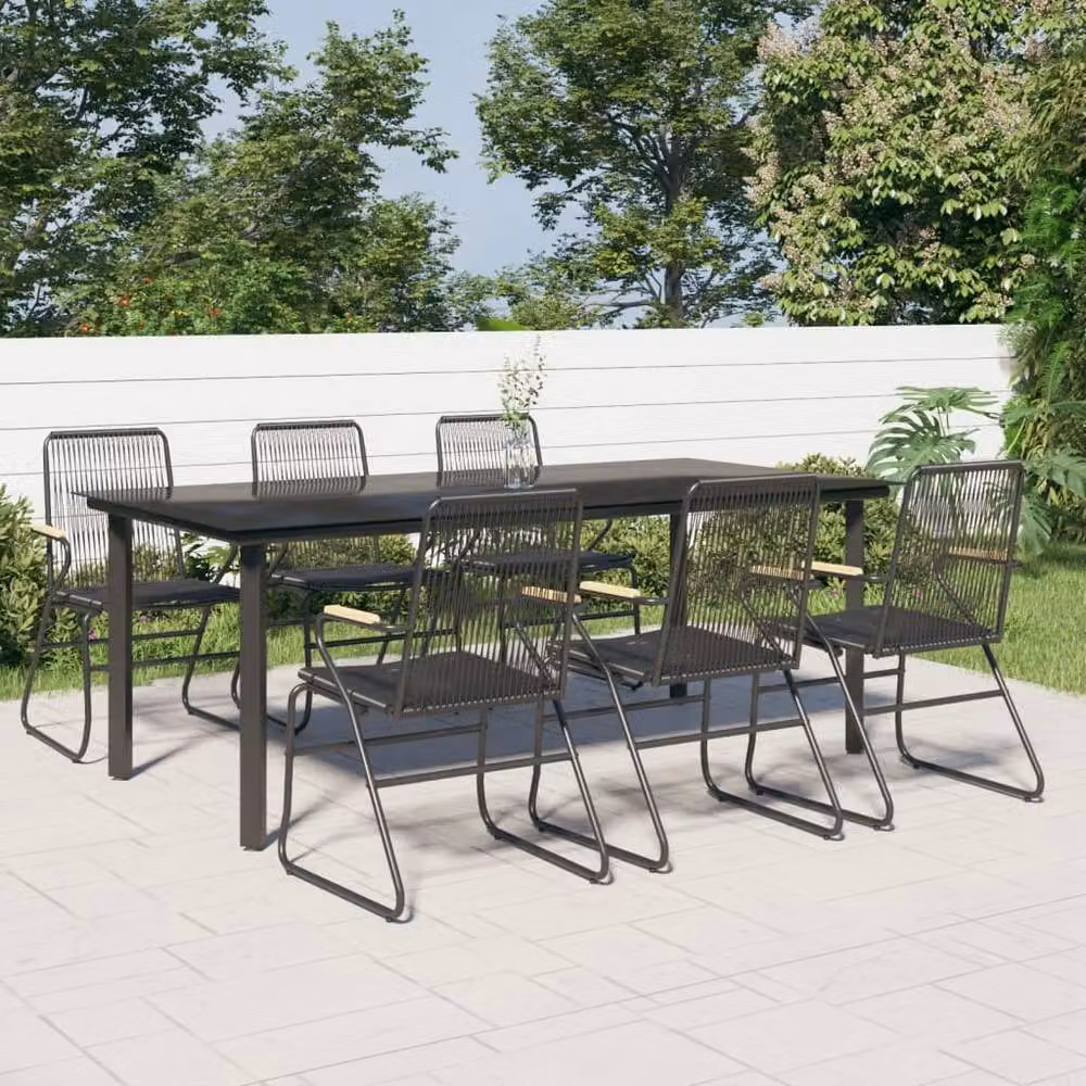 Berkfield Home Beautiful 7 Piece Black PVC Rattan Garden Dining Set with Teak Wood and Glass – 2