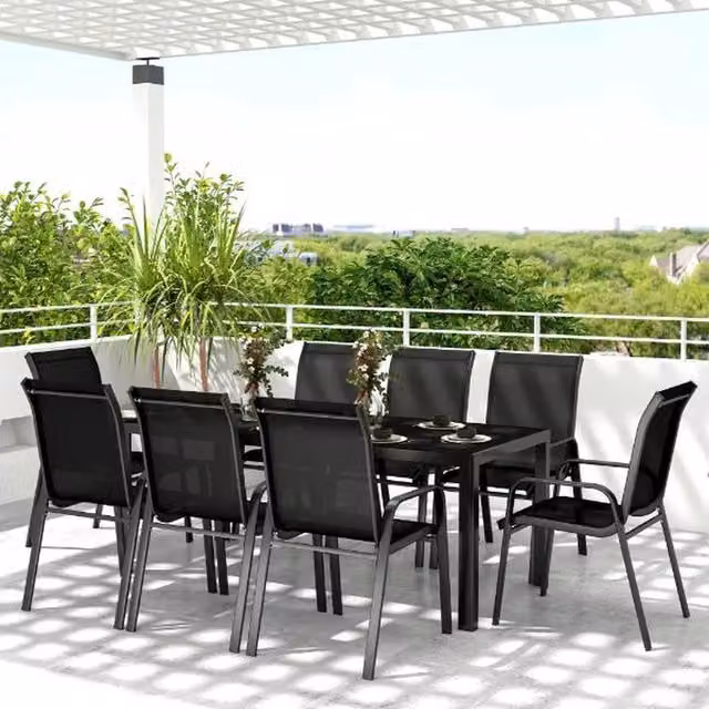 Chilli Seating 8 Seater Modern Garden Dining Set with Stacking Chairs in Black Matt Metal and Glass