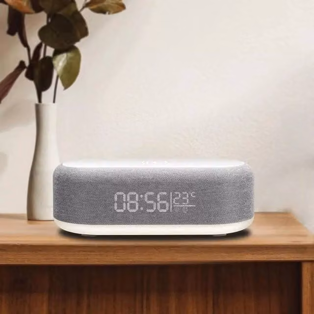 FLAVORA 4-in-1 Wireless Charger Lamp Speaker Clock in Grey with Dimmable RGB Night Light – 1