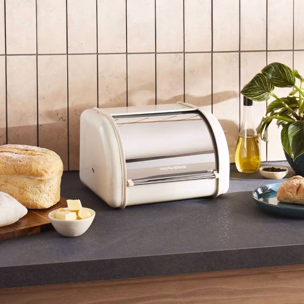 Morphy Richards Equip Beige Compact Bread Bin and 3 Canister Set with Stainless Steel Roll Front Design – 3