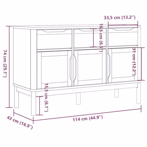 vidaXL FLORO Rustic Sideboard in Wax Brown Solid Pine Wood, W/D/H: 114 x 43 x 74 cm – 3