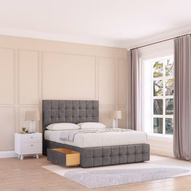 Sloomy Berlin Chesterfield Divan Bed Base with 12 inch Footboard and 54 inch Floor Standing Headboard, Grey, W/D/H: 180 x 200 cm