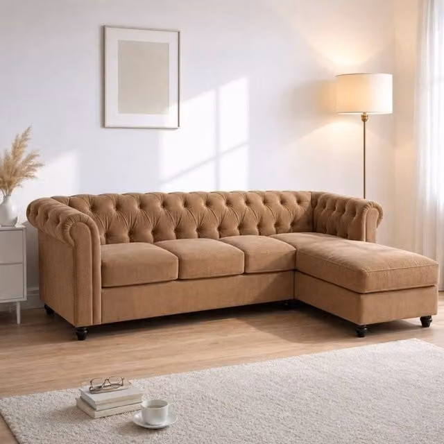 Sofaya Hampton 4 Seater L Shape Chesterfield Sofa in Brown Velvet with Right Hand Chaise – 1