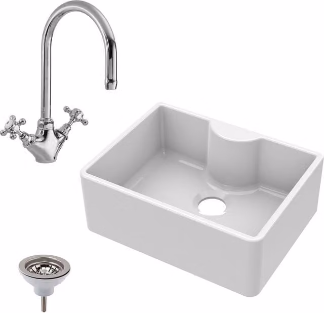 Balterley White Ceramic Fireclay 1 Bowl Butler Kitchen Sink with Tap Ledge, Mono Mixer Tap and Waste, Width: 59.5 cm