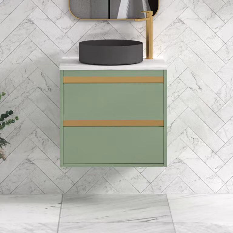 Royal Bathrooms Orion 600mm Wall Hung Mint Sage Vanity Unit with 2 Drawers, Art Round Basin and Brushed Brass Accent Trim