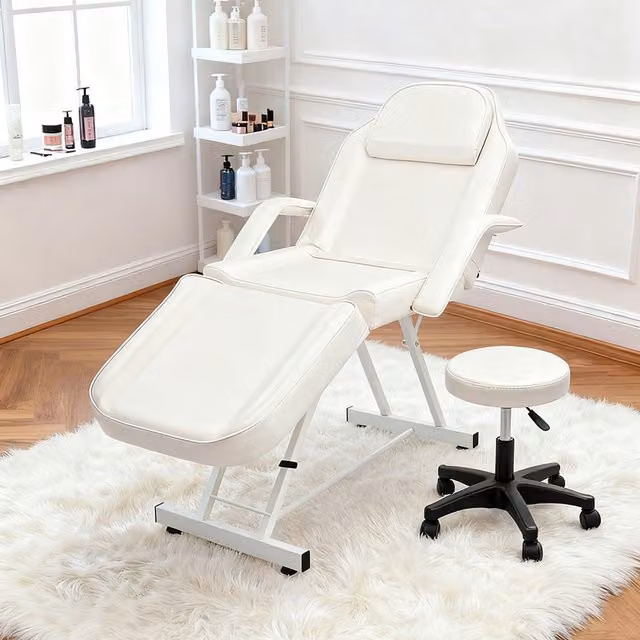 Livingandhome Adjustable Beauty Salon Bed with Height-adjustable Stool in Beige and White