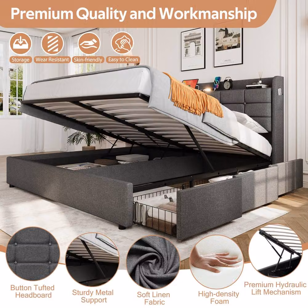 Matteo Upholstered Bed Frame in Grey with Lift Up Base, USB Charging Port and Integrated Reading Light, W/D/H: 150 x 200 cm – 2