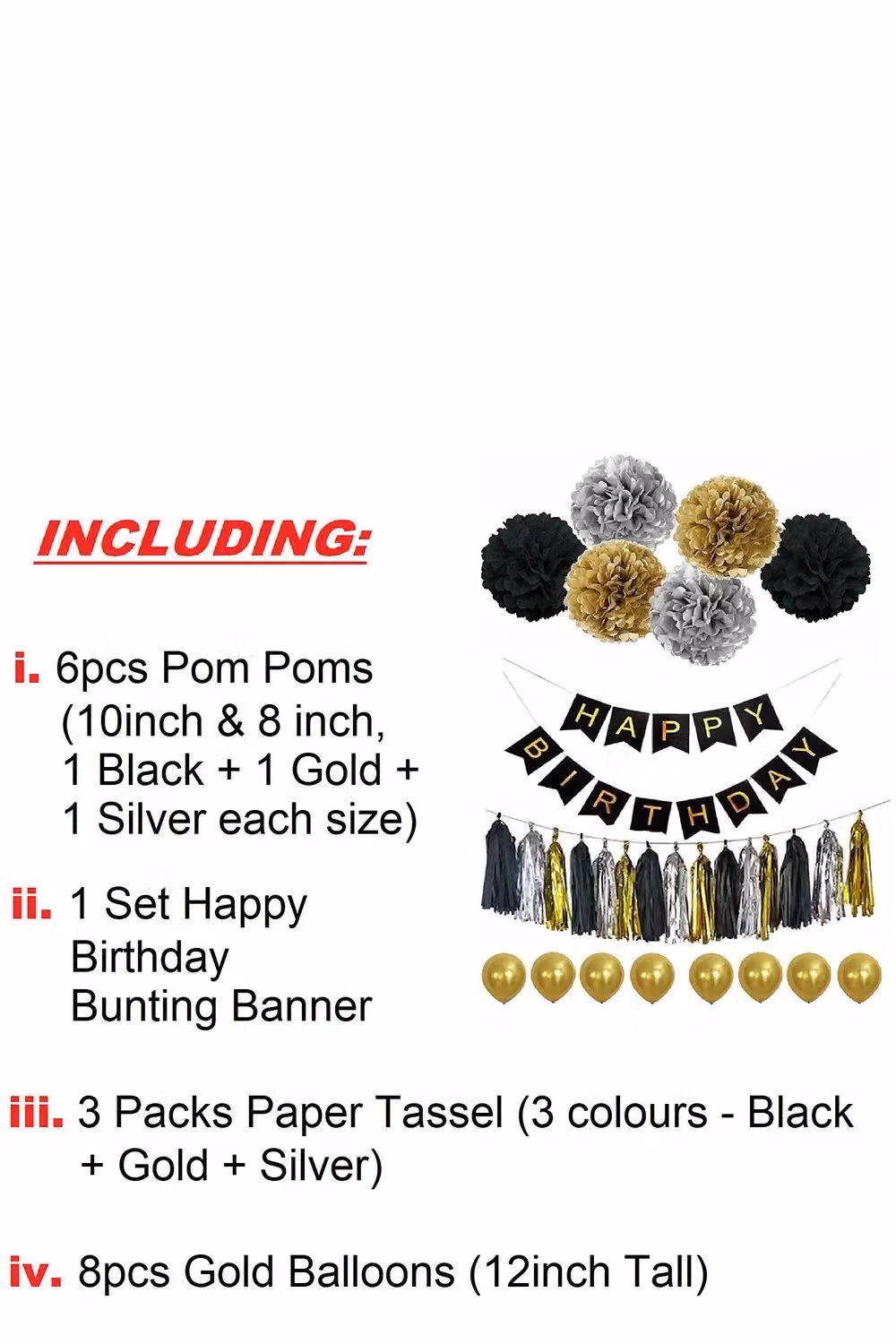 Neel Blue 30-Piece Happy Birthday Party Decoration Set with Silver and Black Pennants, Pompoms and Balloons – 2