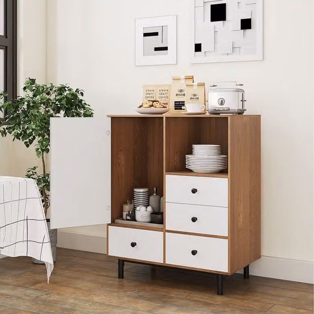 Costway Mid Century Modern Brown Wood Storage Cabinet with Soft Close Doors and Drawers