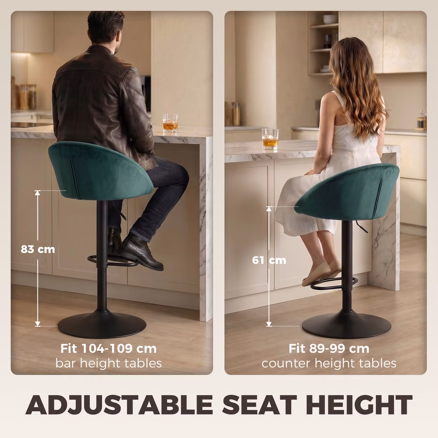 HOMCOM Set of 2 Adjustable Swivel Velvet Bar Stools with Backrest, Dark Green – 5
