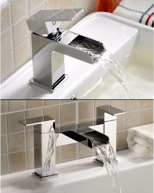 Nes Home Chrome Origin Waterfall Basin Mono Mixer Tap, Bath Filler Tap and Pop-up Waste in Silver