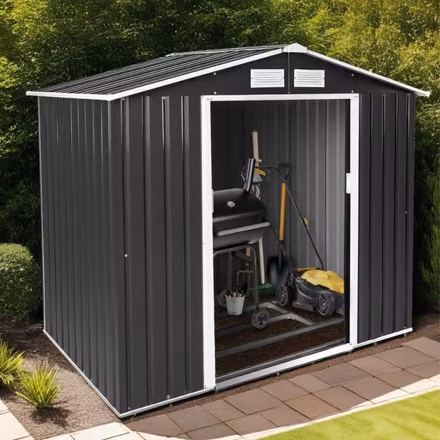 tectake Freestanding Metal Garden Shed with Gable Roof and Sliding Doors in Grey and White